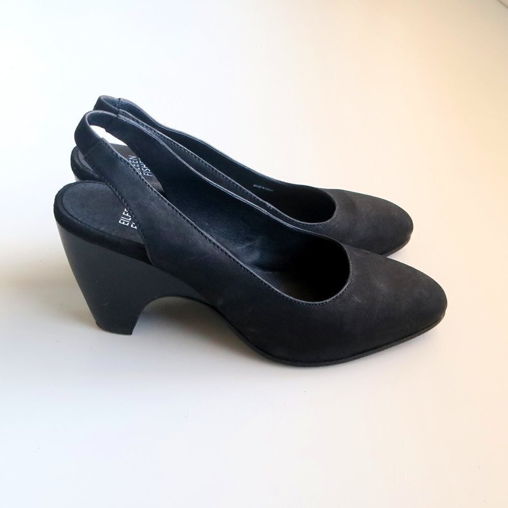 Eileen Fisher Milla Black Tumbled Nubuck Slingback Almond Toe Pumps Heels Shoes